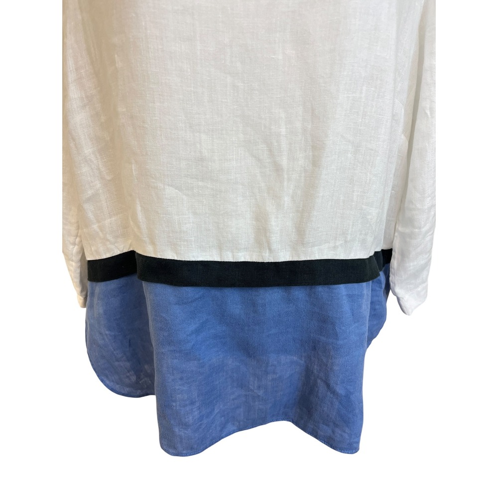J JILL Linen Colorblock Tunic Top Women Sz L White Blue Coastal Casual Beachy - Picture 6 of 12